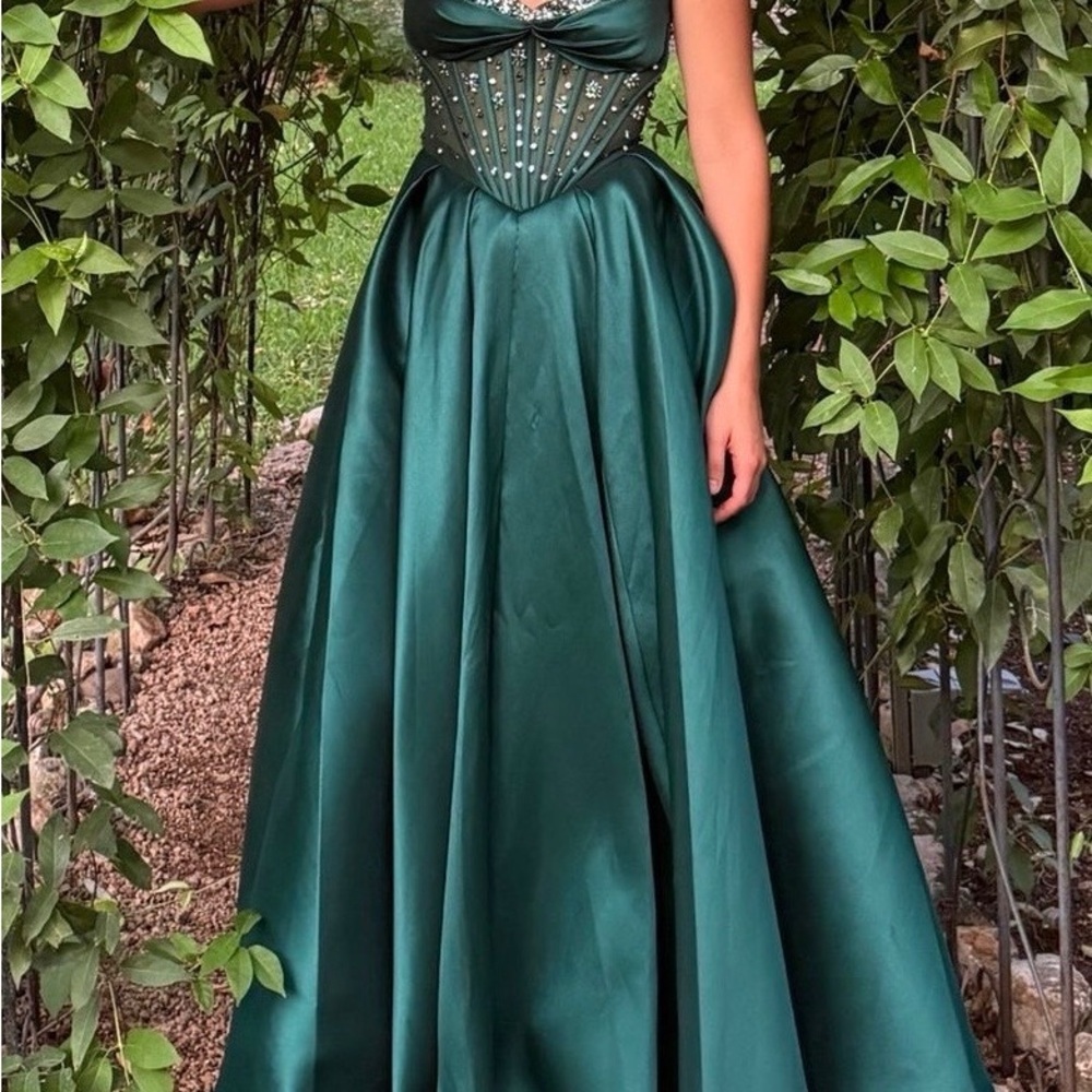 Green Strapless Pleated Prom Gown